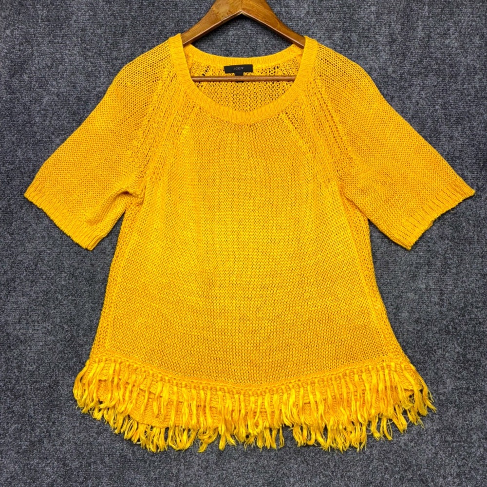 J.Crew Linen Sweater Medium Mustard Fringe Hem Short Sleeve Open Knit Raglan‎